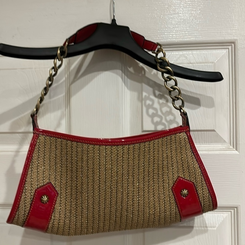 Eric Javits red and gold shoulder purse with gold accents
